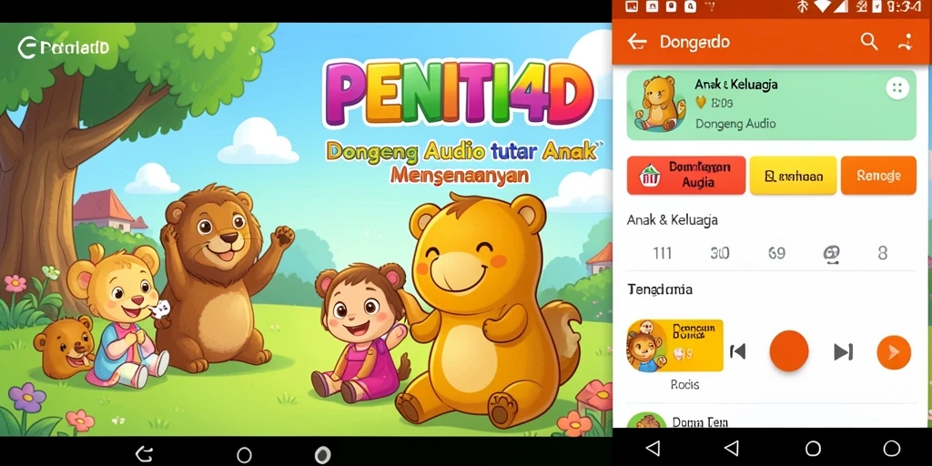 Tampilan antarmuka utama PENITI4D dengan pilihan dongeng audio.